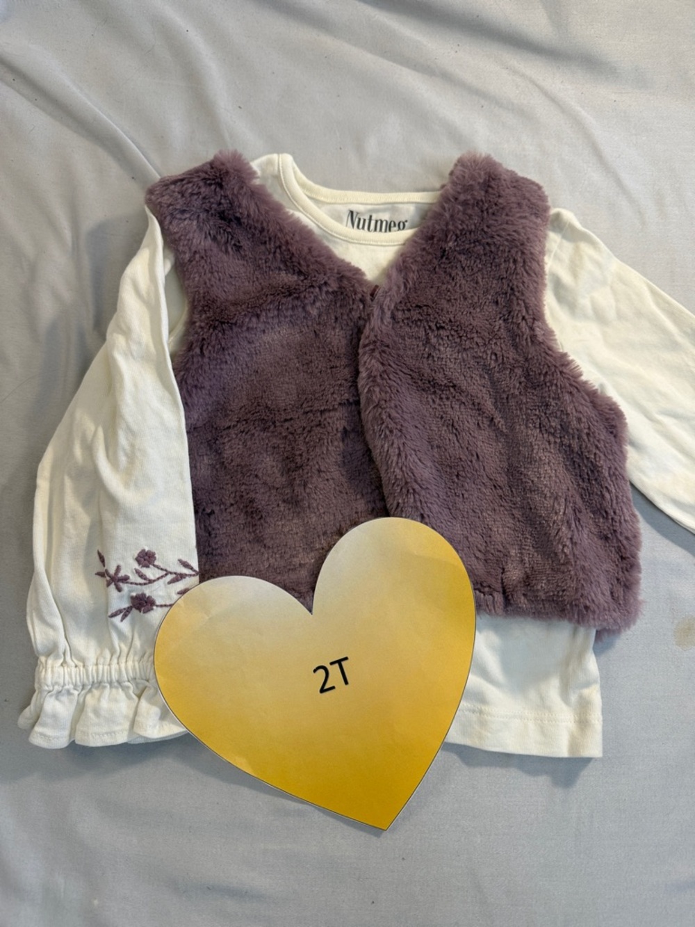 Nutmeg - Purple Faux Fur Vest with Cream Long Sleeve Top